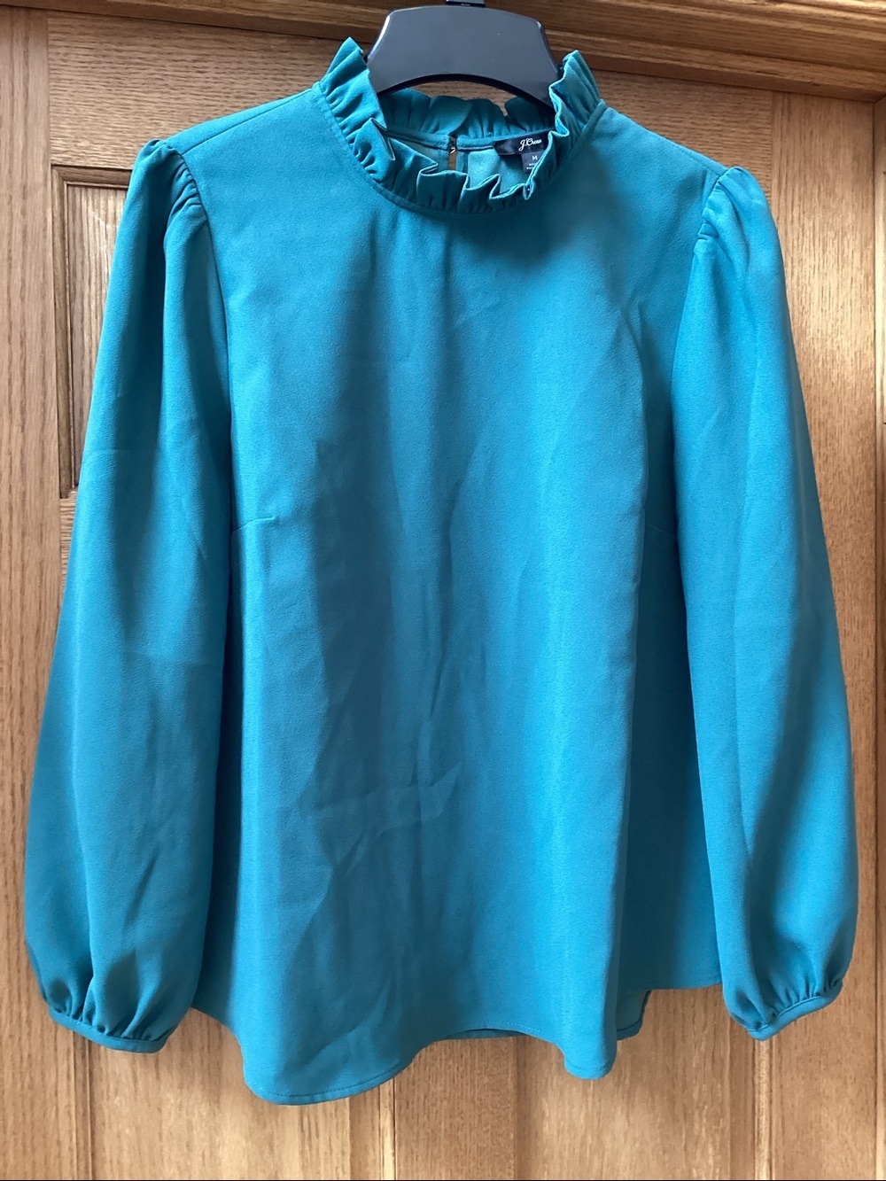 J. Crew Ruffle Neck Long Sleeve Top Green. Women’s size medium